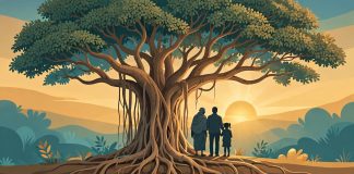 Ilustrasi pohon beringin besar dengan tiga generasi keluarga di bawahnya saat matahari terbenam — simbol warisan polis asuransi lintas generasi