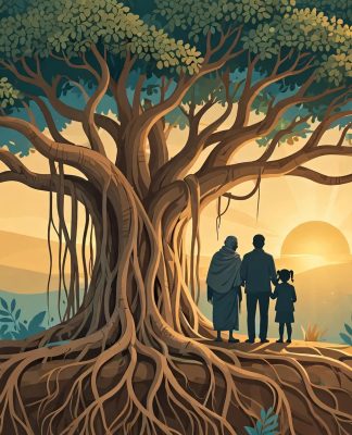 Ilustrasi pohon beringin besar dengan tiga generasi keluarga di bawahnya saat matahari terbenam — simbol warisan polis asuransi lintas generasi