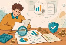 Premi Asuransi Itu Dihitung dari Apa Sih? Biar Anda Nggak Kaget Waktu Ditawari Ilustrasi seseorang meninjau dokumen premi asuransi dengan kalkulator, kaca pembesar, dan grafik keuangan
