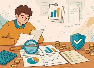 Premi Asuransi Itu Dihitung dari Apa Sih? Biar Anda Nggak Kaget Waktu Ditawari Ilustrasi seseorang meninjau dokumen premi asuransi dengan kalkulator, kaca pembesar, dan grafik keuangan