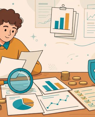 Ilustrasi seseorang meninjau dokumen premi asuransi dengan kalkulator, kaca pembesar, dan grafik keuangan