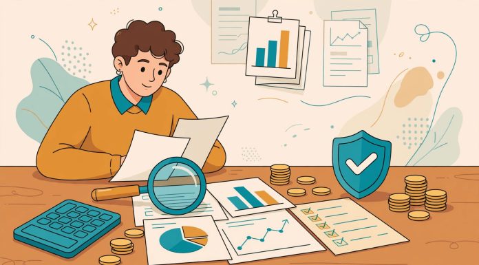 Premi Asuransi Itu Dihitung dari Apa Sih? Biar Anda Nggak Kaget Waktu Ditawari Ilustrasi seseorang meninjau dokumen premi asuransi dengan kalkulator, kaca pembesar, dan grafik keuangan