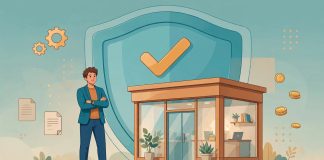 Proteksi Bisnis: Cara Pemilik Usaha Melindungi Bisnisnya dari Risiko Tak Terduga Ilustrasi pemilik usaha di depan tokonya dengan perisai pelindung besar — simbol proteksi bisnis dari risiko tak terduga