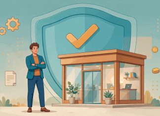 Ilustrasi pemilik usaha di depan tokonya dengan perisai pelindung besar — simbol proteksi bisnis dari risiko tak terduga