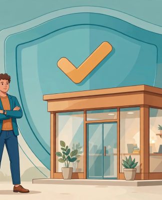 Ilustrasi pemilik usaha di depan tokonya dengan perisai pelindung besar — simbol proteksi bisnis dari risiko tak terduga