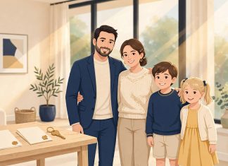 Ilustrasi keluarga mapan di rumah modern dengan dokumen surat wasiat dan kunci rumah di atas meja — simbol perencanaan warisan yang rapi