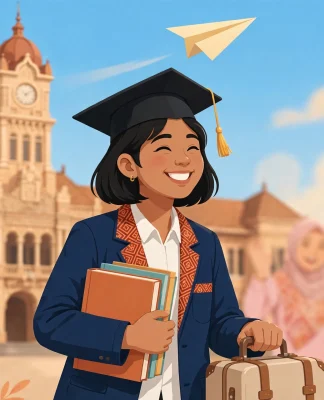 Ilustrasi mahasiswa Indonesia wisuda di universitas luar negeri