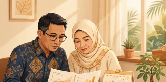 Ilustrasi pasangan Indonesia merencanakan dana masa depan dengan asuransi dwiguna