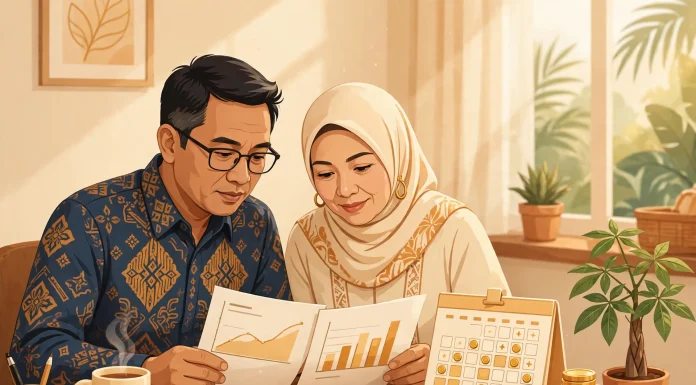 Ilustrasi pasangan Indonesia merencanakan dana masa depan dengan asuransi dwiguna